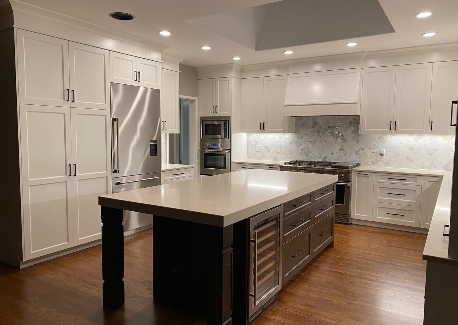 White Kitchen with Dark Island